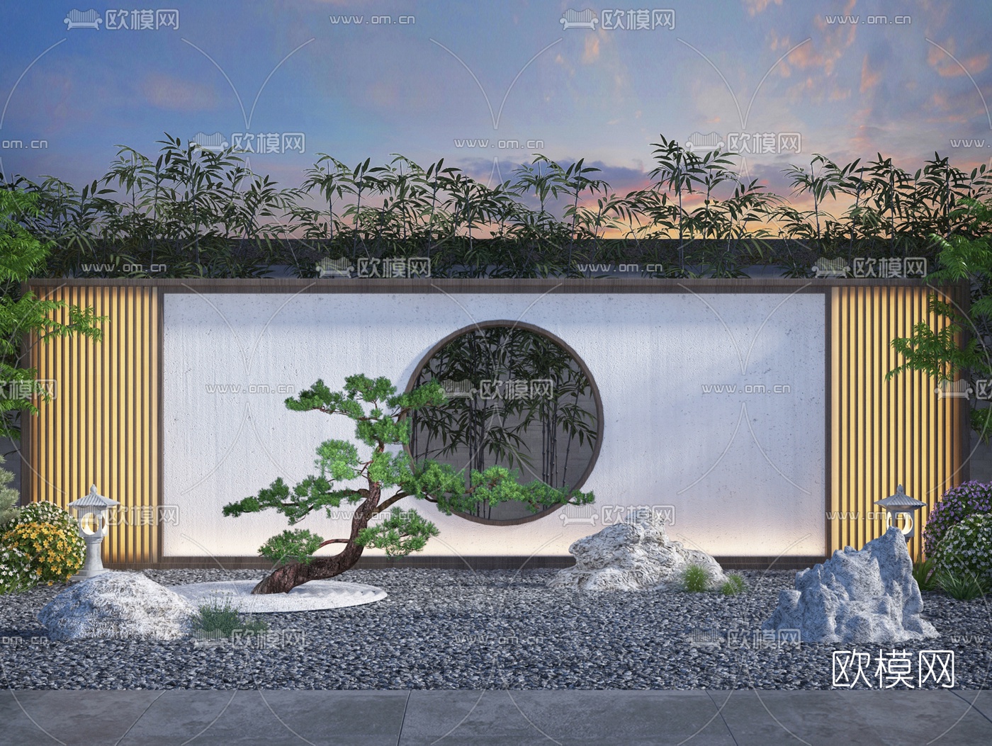 新中式园林景观假山松树园艺小品3d模型下载