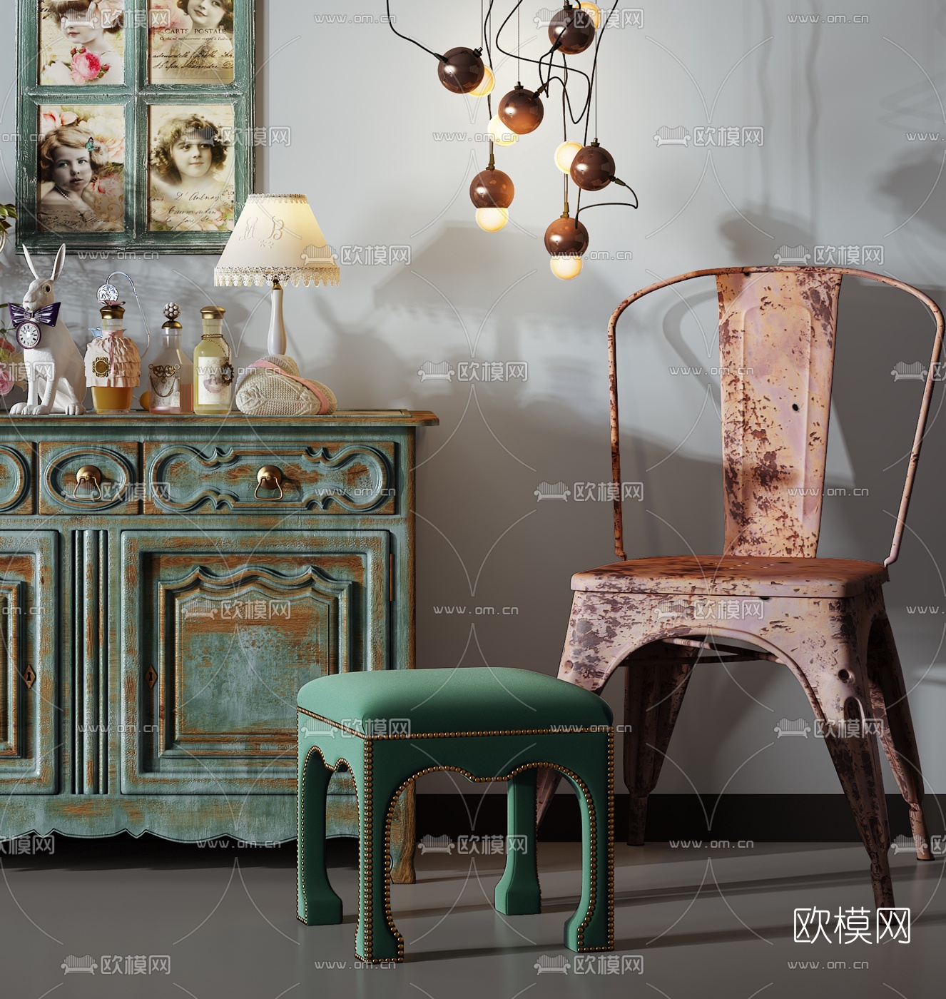 工业风边柜单椅吊灯组合3d模型下载（渲染图1）