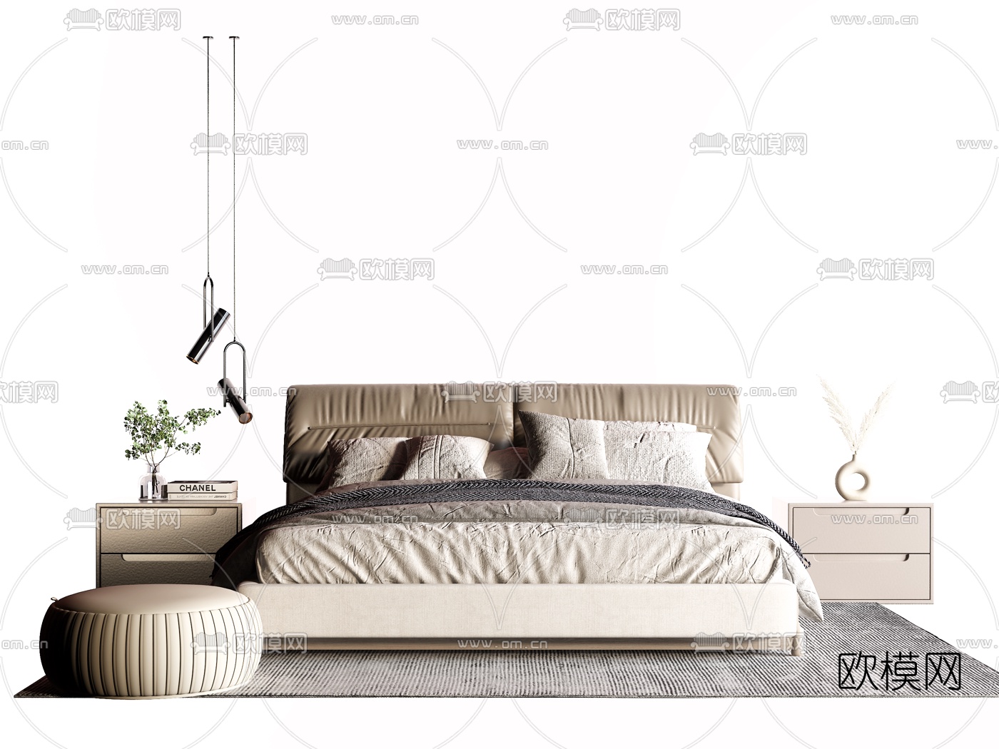 现代布艺双人床3d模型下载