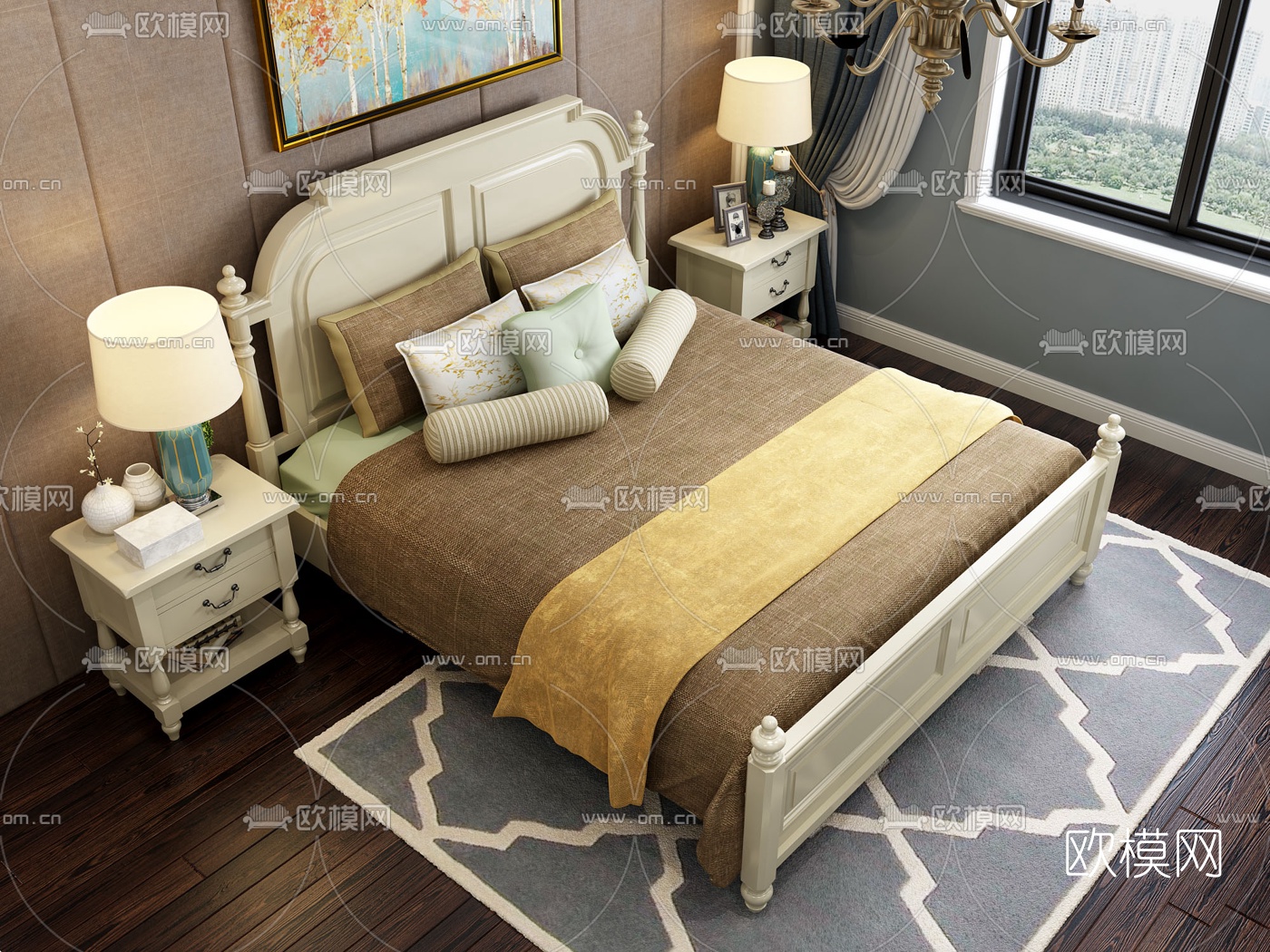 美式实木双人床3d模型下载（渲染图2）