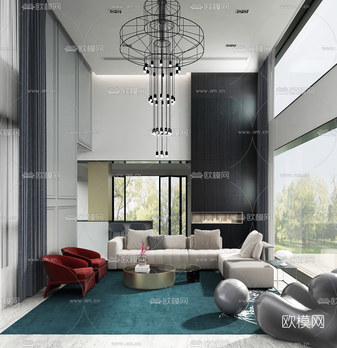 宁洁设计 现代混搭别墅客厅3D模型下载（渲染图1）