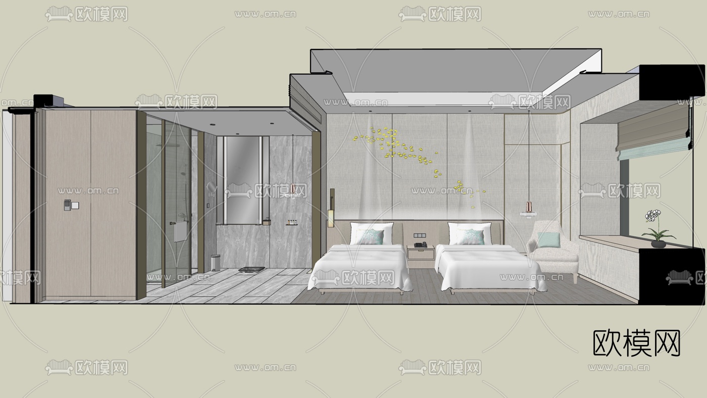 北欧酒店双人房su模型下载（渲染图1）