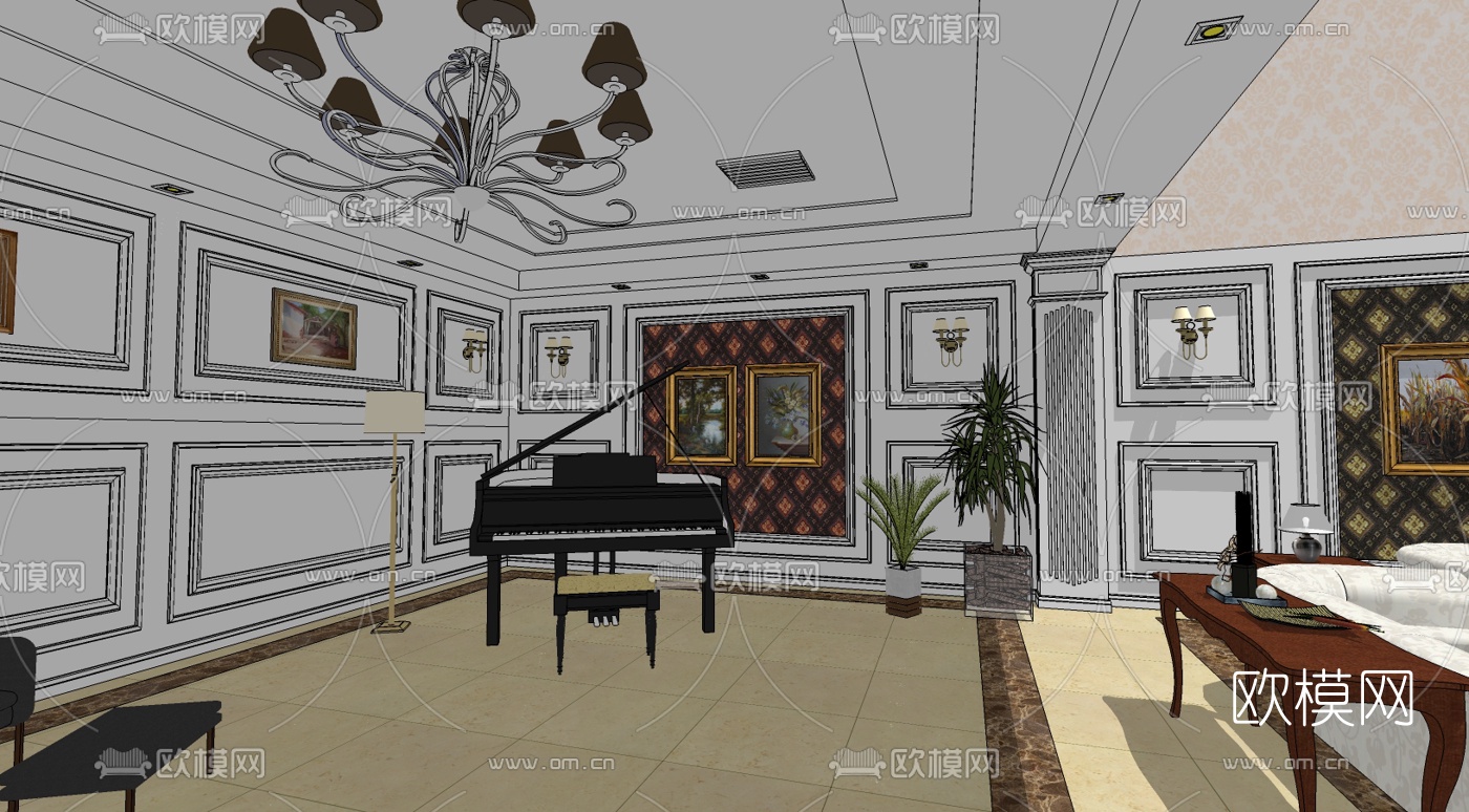 欧式复式客厅免费su模型下载（渲染图2）