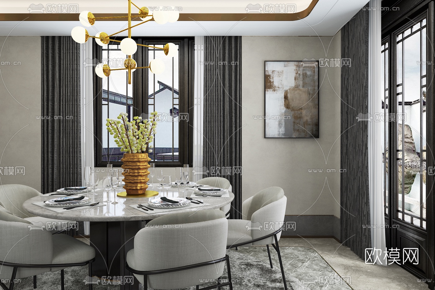 葛亚曦设计 现代圆形大理石餐桌椅3d模型下载（渲染图1）