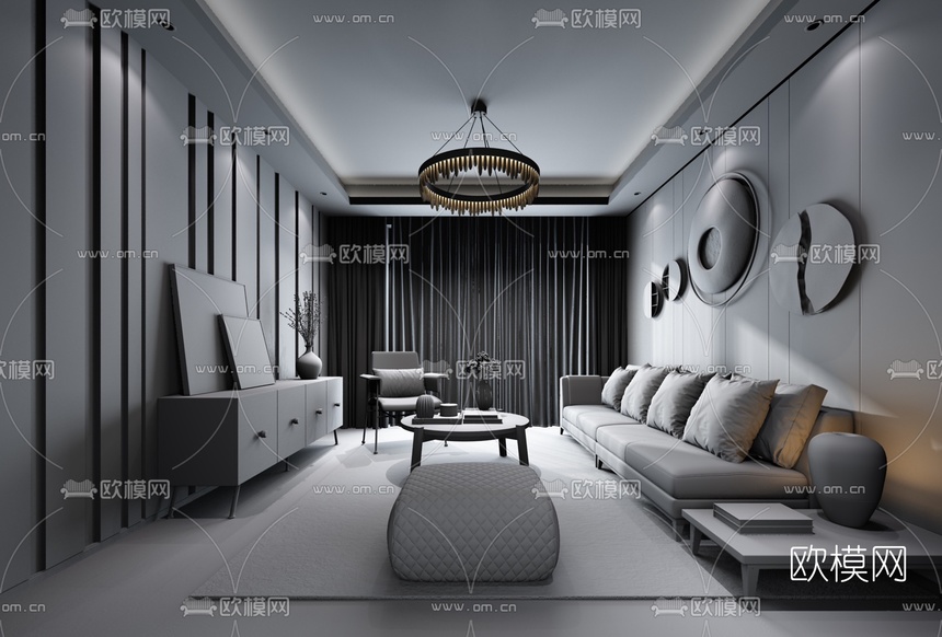 壹舍设计 现代客厅3D模型下载(渲染图2)