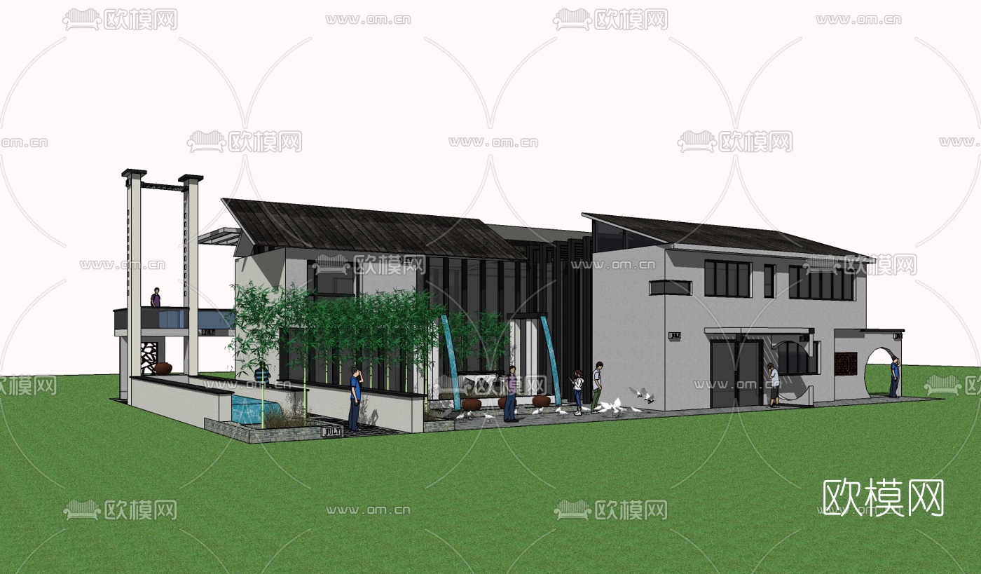 新中式独栋别墅su模型下载（渲染图1）