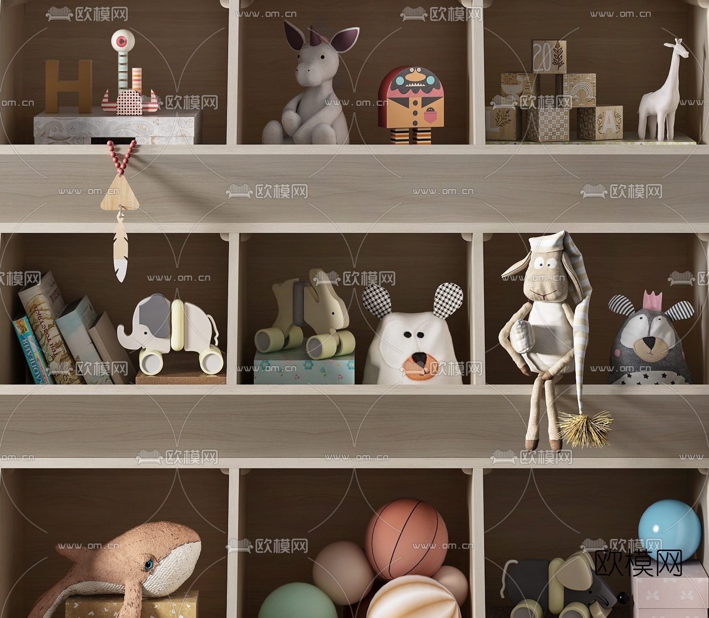 北欧实木儿童玩具组合收纳柜3d模型下载（渲染图3）
