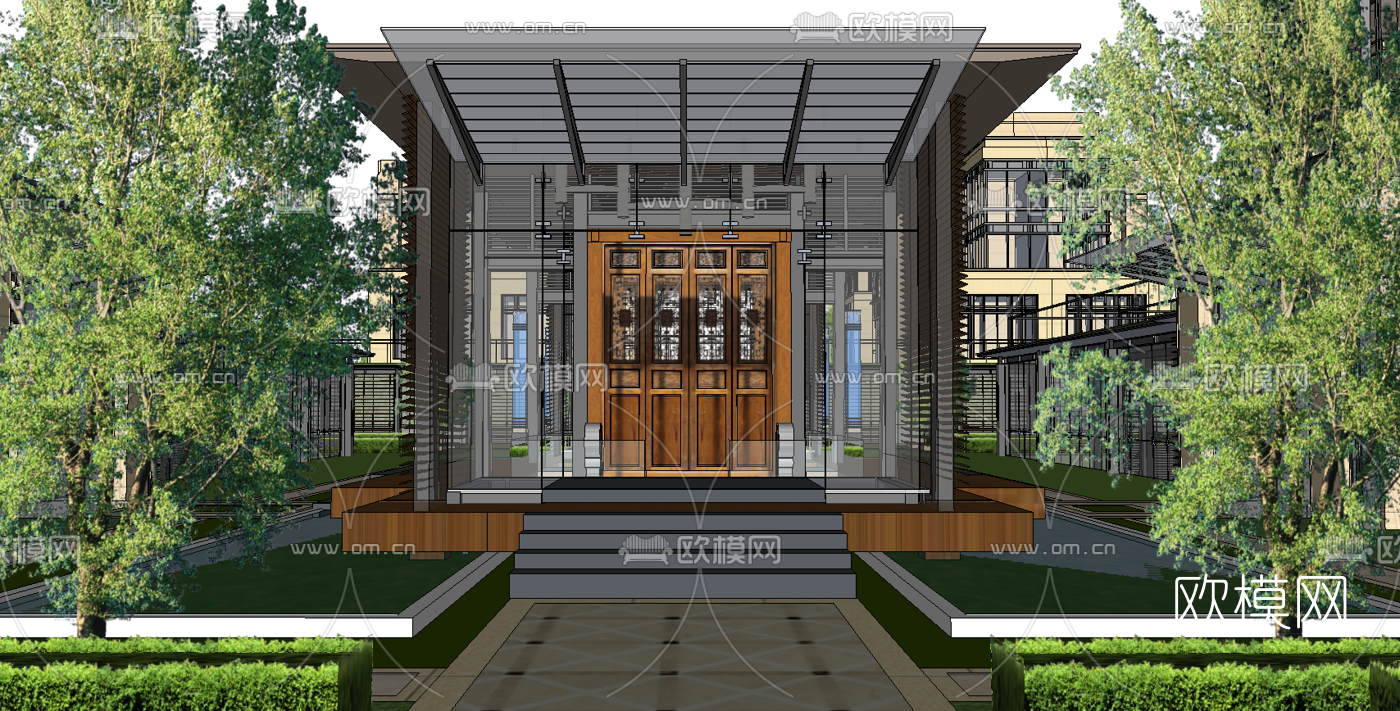 新中式小区规划su模型下载（渲染图4）