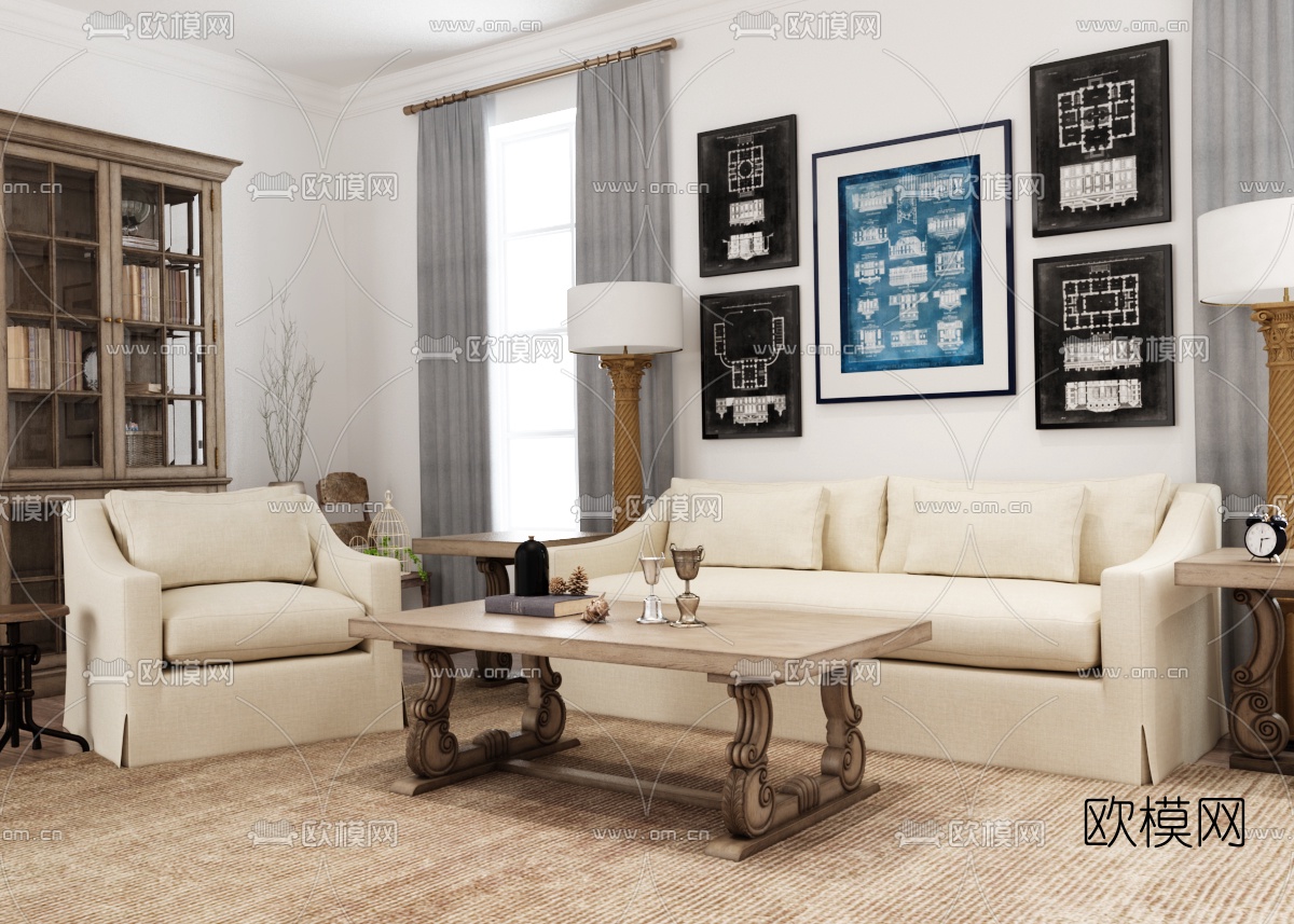 美式沙发茶几书柜组合3D模型下载
