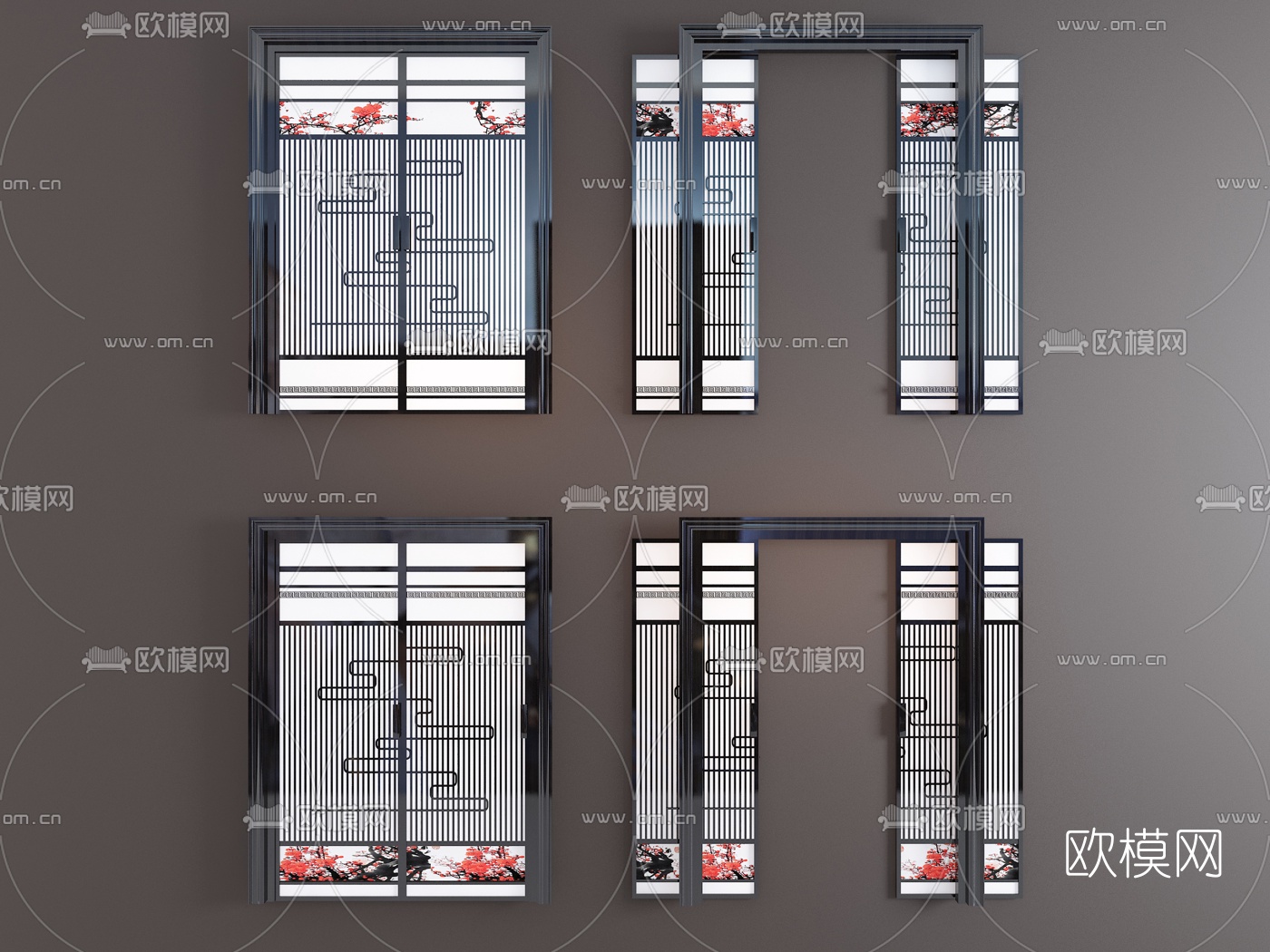 新中式实木玻璃梅花推拉门3d模型