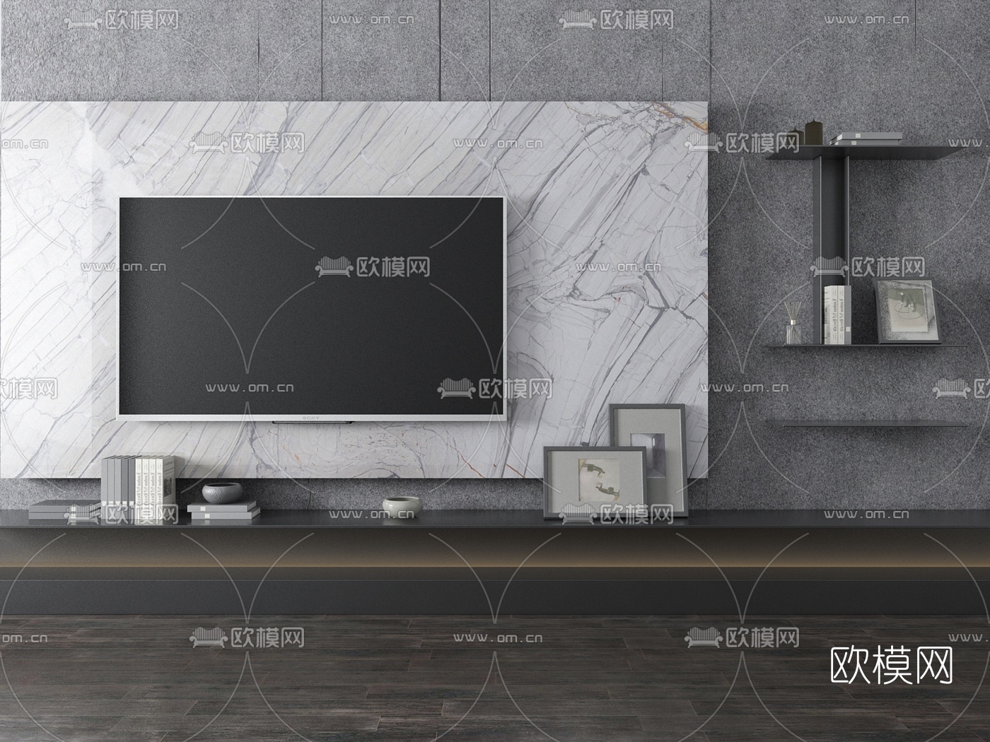 现代电视背景墙装饰架书籍摆件组合3D模型