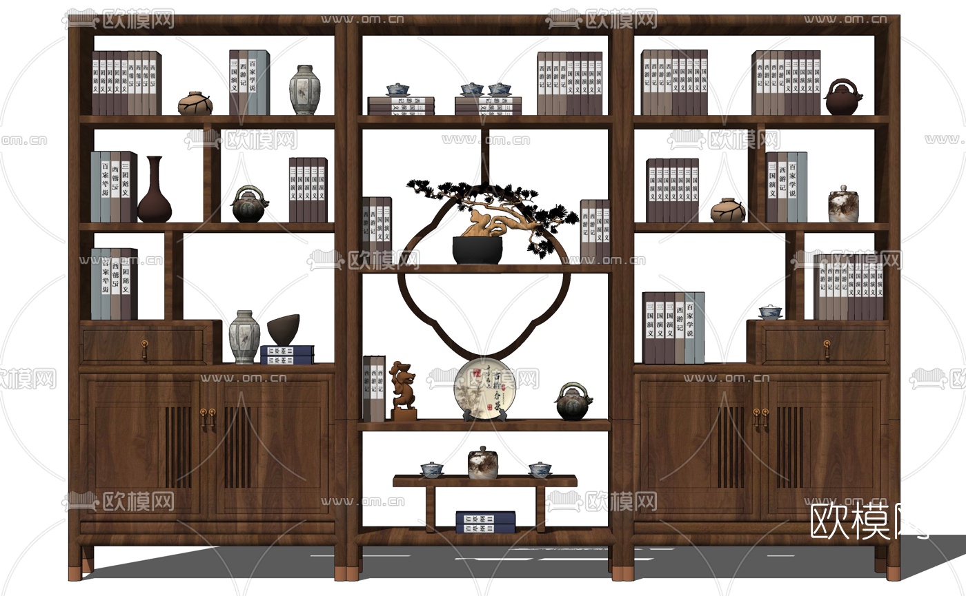 新中式实木书柜博古架su模型下载（渲染图2）