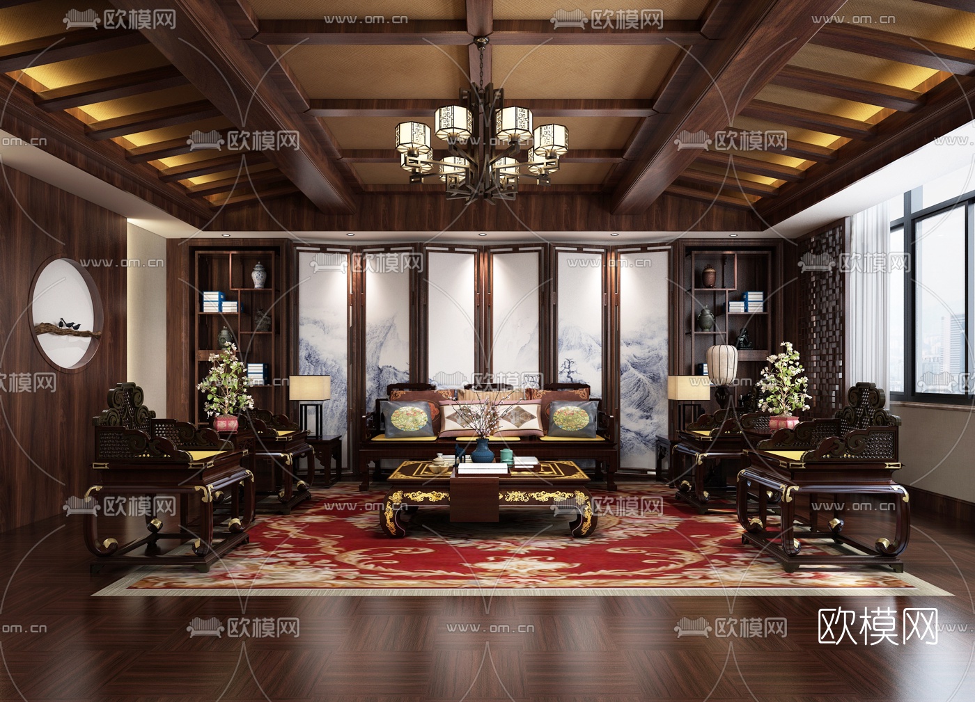 新中式会所会客厅3D模型下载_ID10294781_3dmax免费模型-欧模网