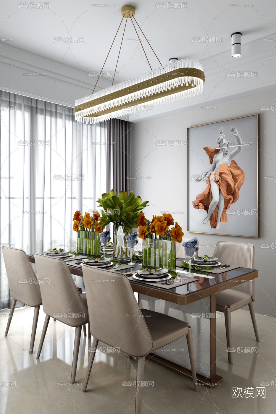 金秋软装设计 现代餐厅3D模型下载（渲染图1）