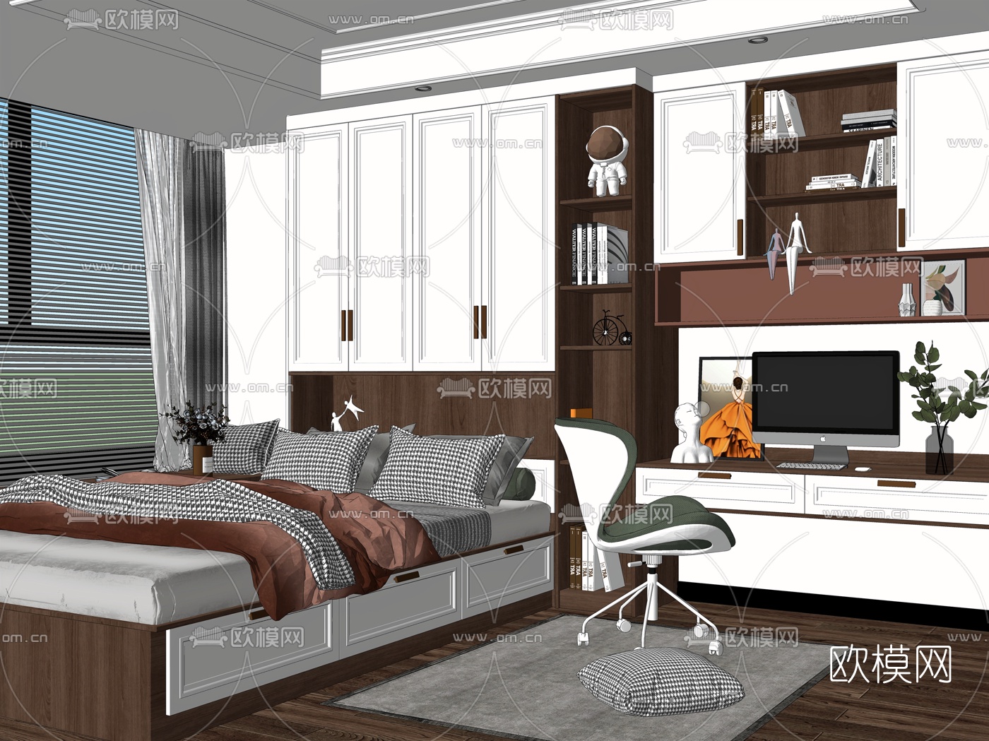 北欧榻榻米卧室su模型下载（渲染图2）