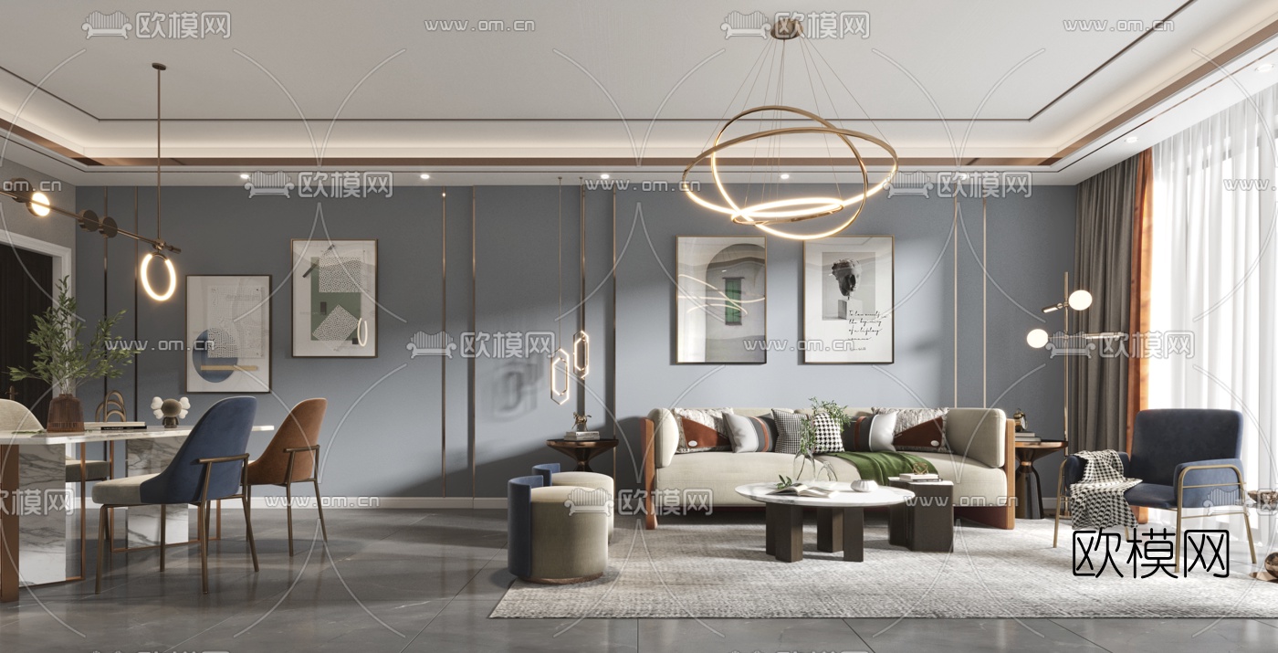 现代轻奢客厅餐厅3d模型下载（渲染图2）