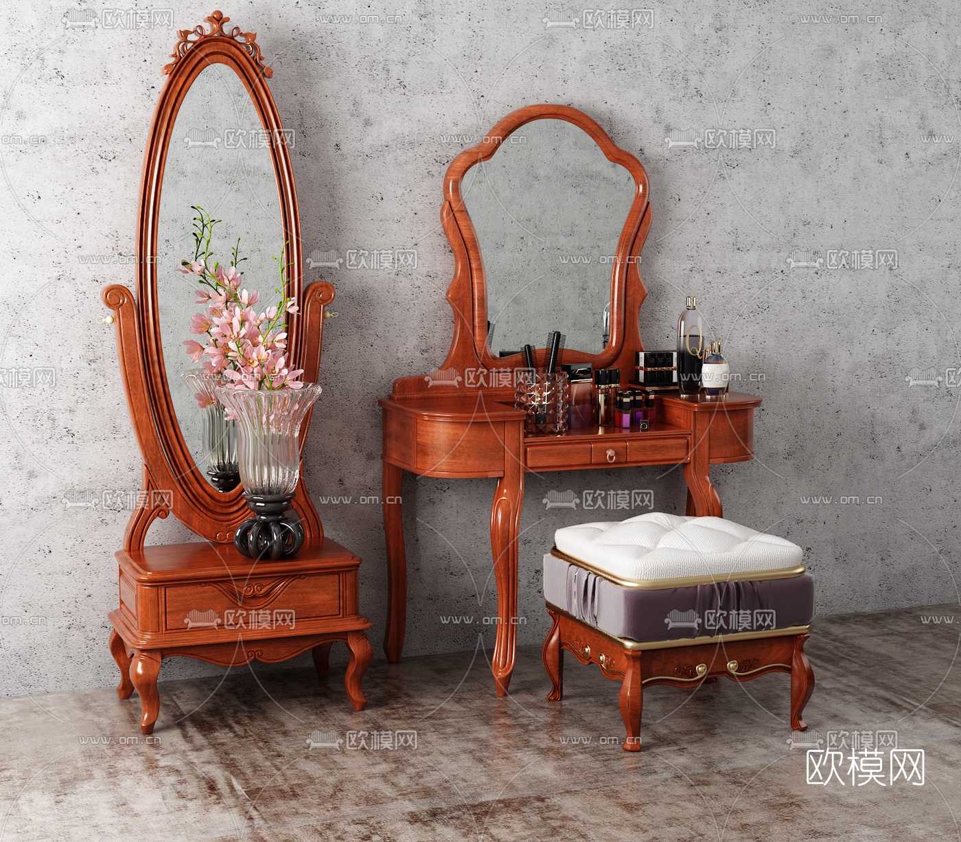 美式实木梳妆台化妆镜3d模型下载（渲染图2）