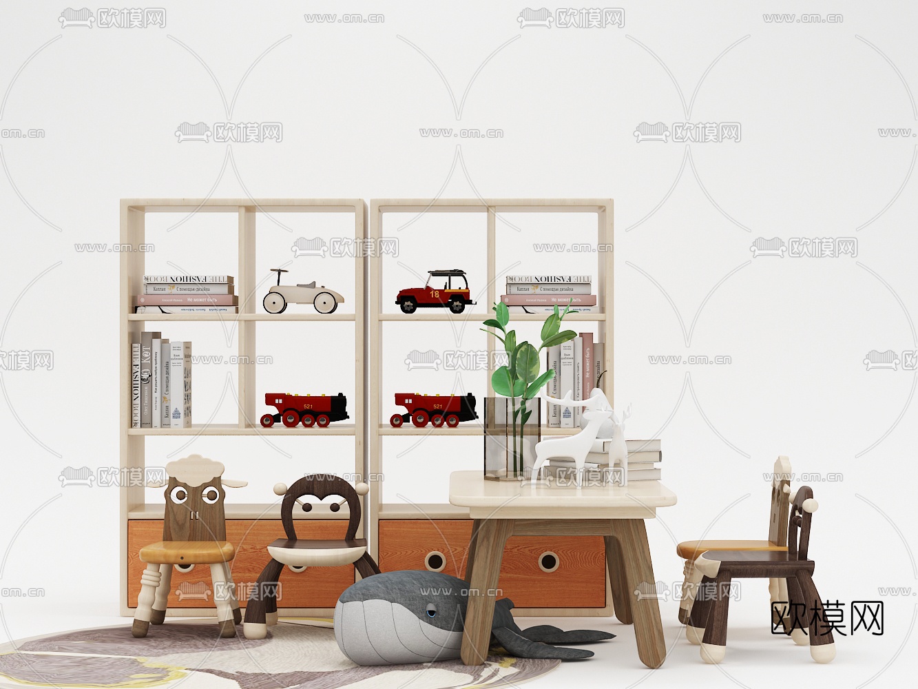 现代实木儿童书桌椅书架书籍组合3D模型下载（渲染图1）