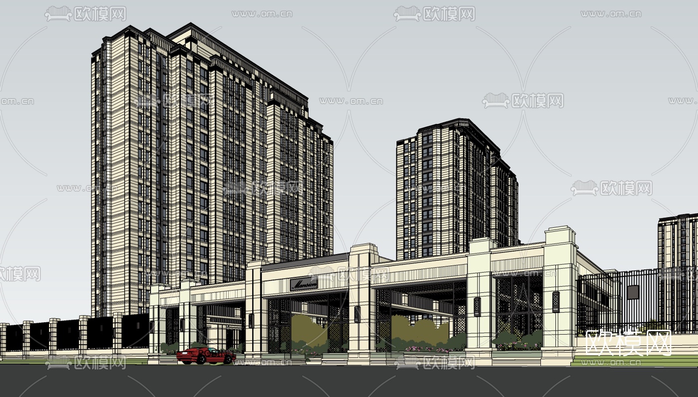 新古典高层公寓楼su模型下载（渲染图1）