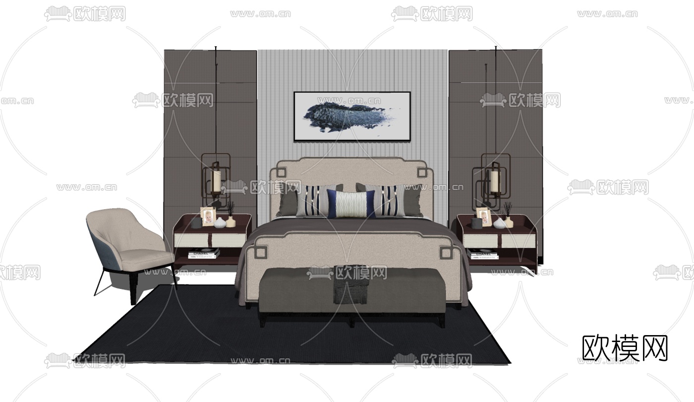 新中式双人床组合su模型下载（渲染图2）