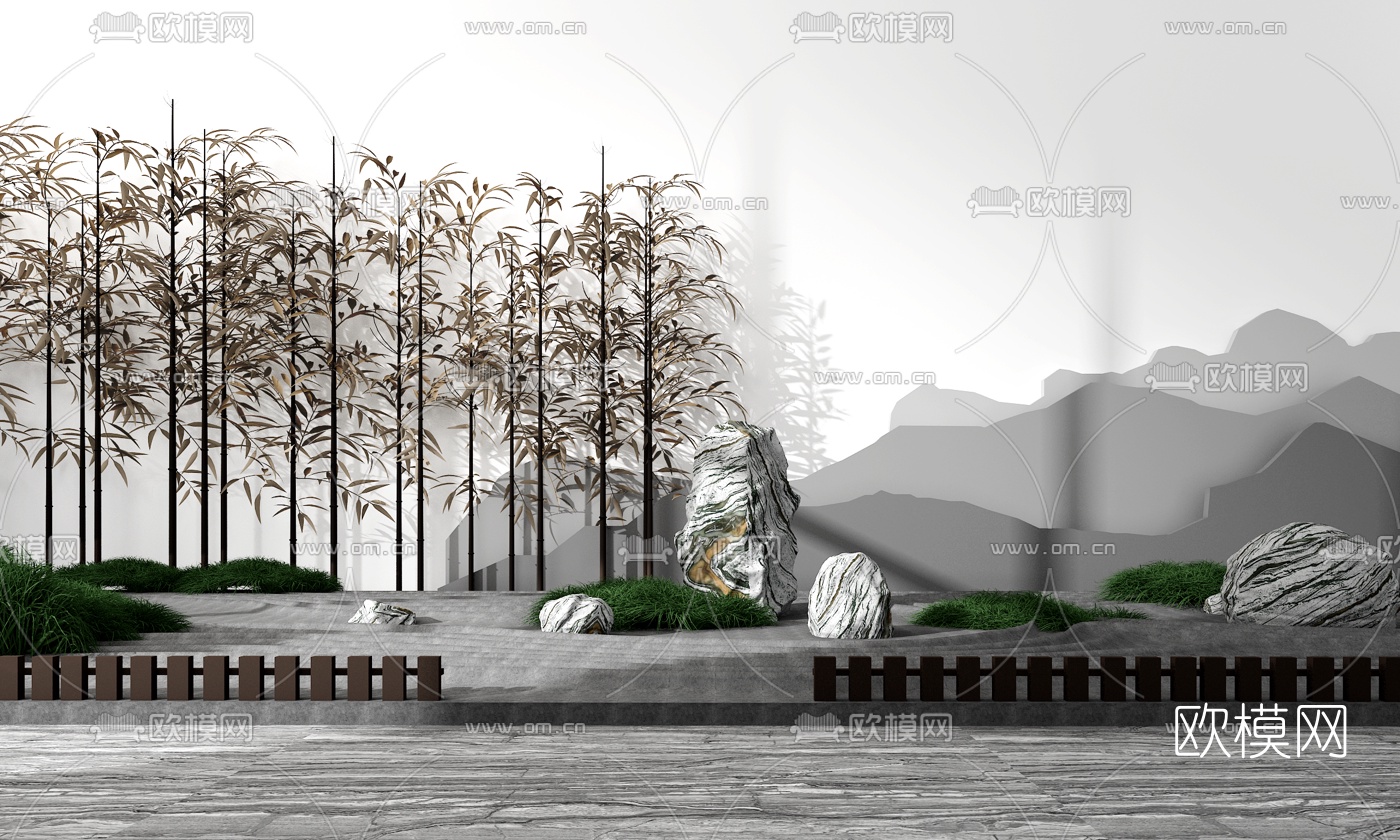 新中式假山竹子景观小品3d模型下载