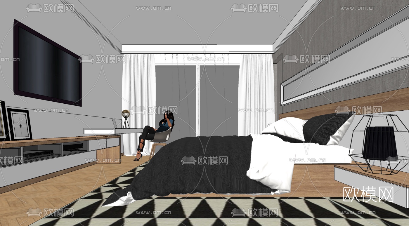 北欧卧室su模型下载