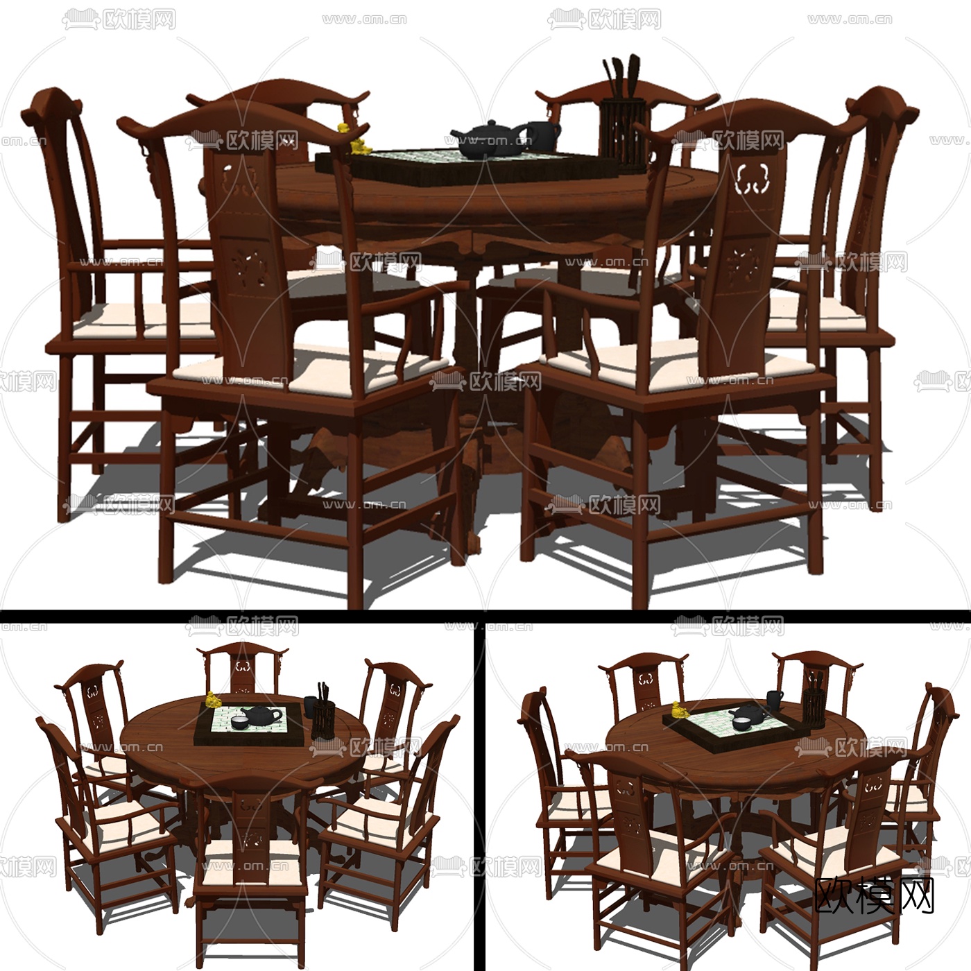 中式圆形餐桌椅免费su模型下载