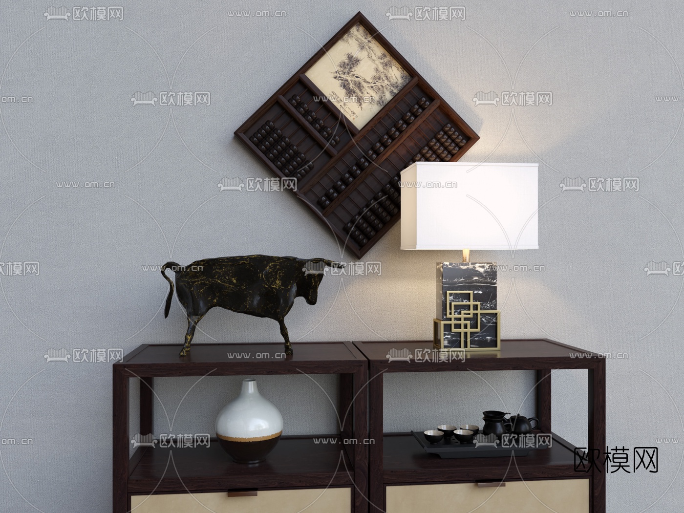 新中式装饰柜摆件组合3D模型下载（渲染图1）