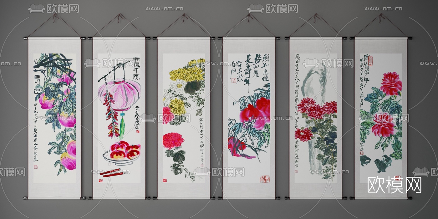 中式花卉装饰挂画3d模型
