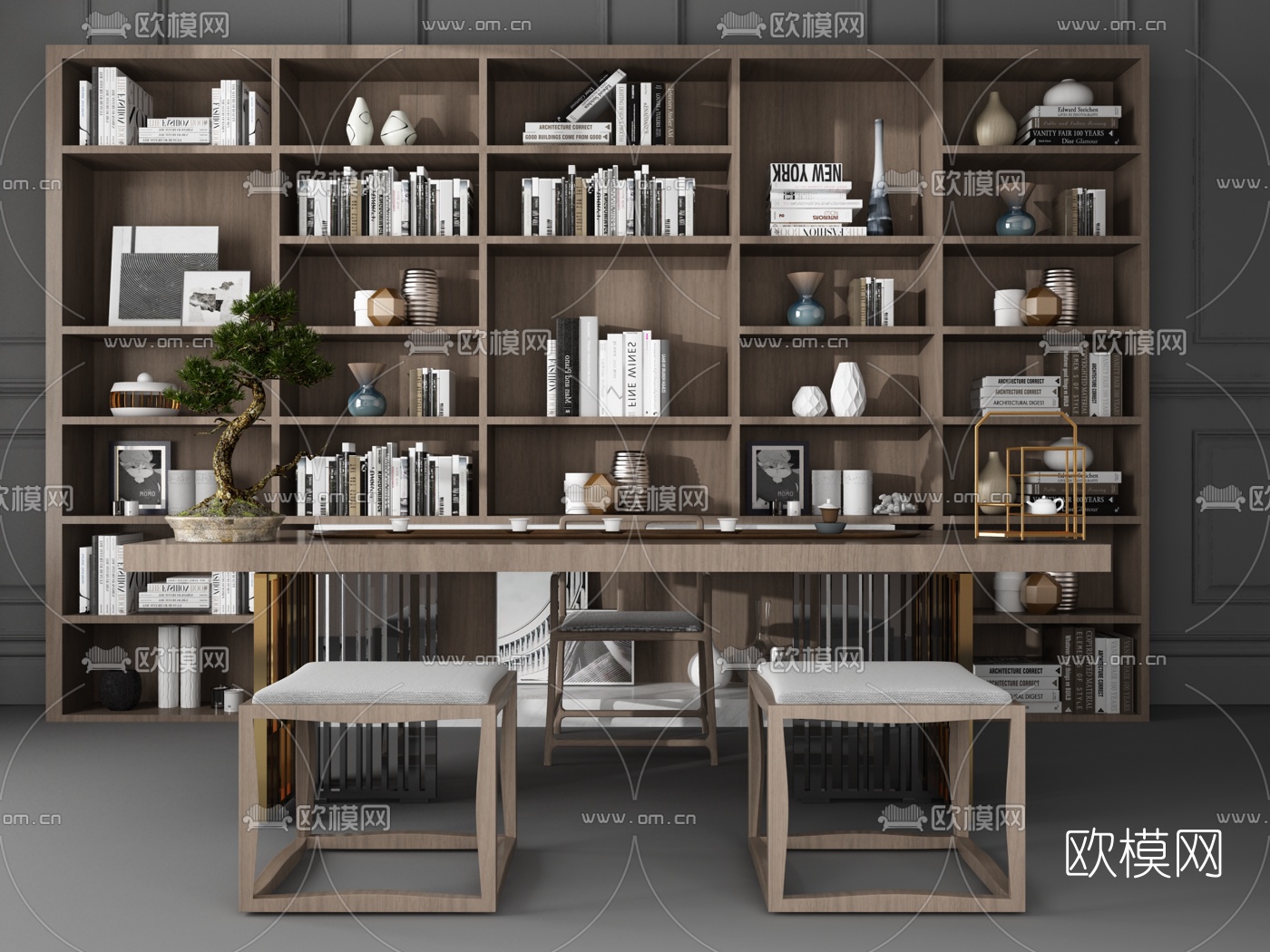 中式实木书桌椅书柜3d模型下载