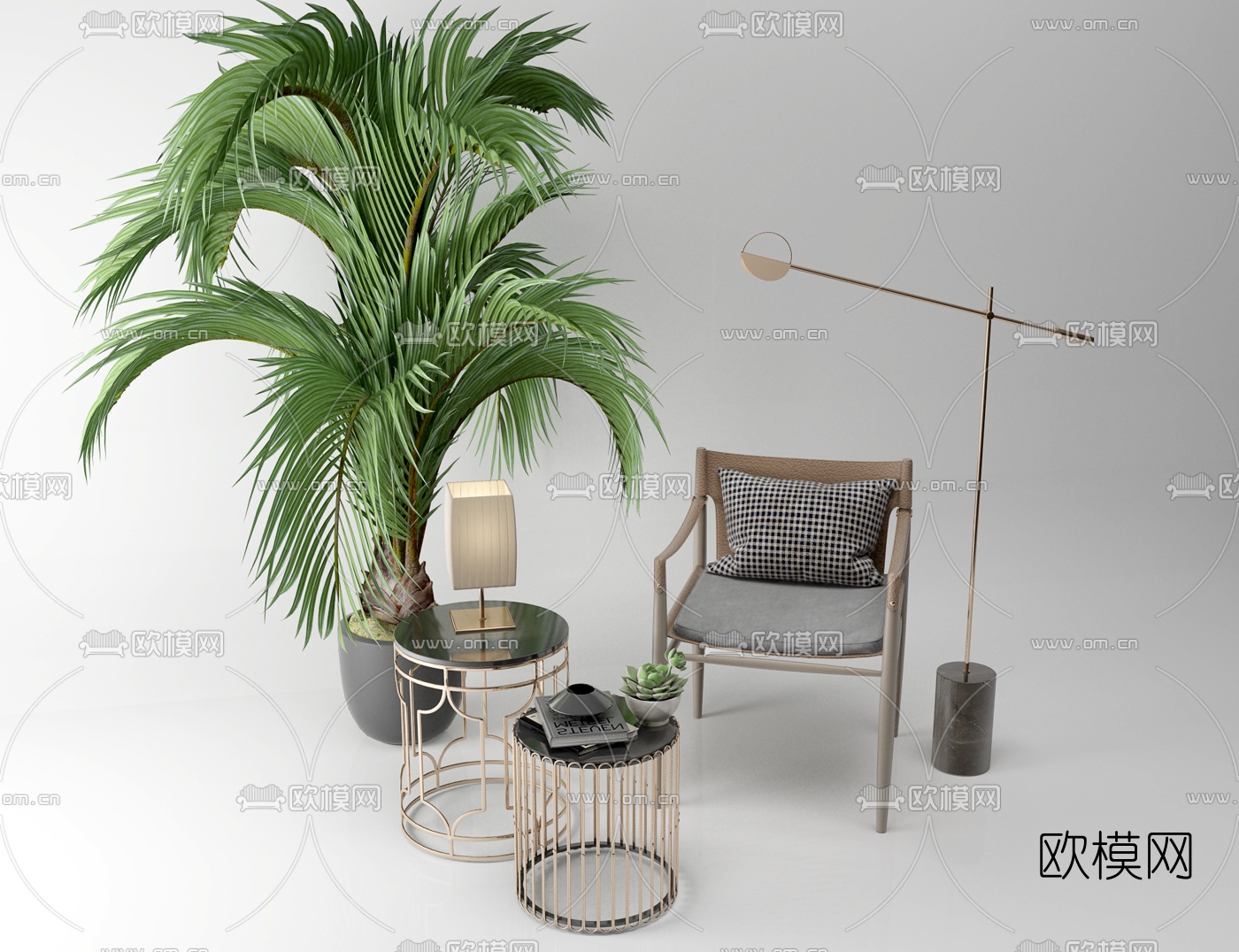 北欧单椅盆栽圆几3d模型