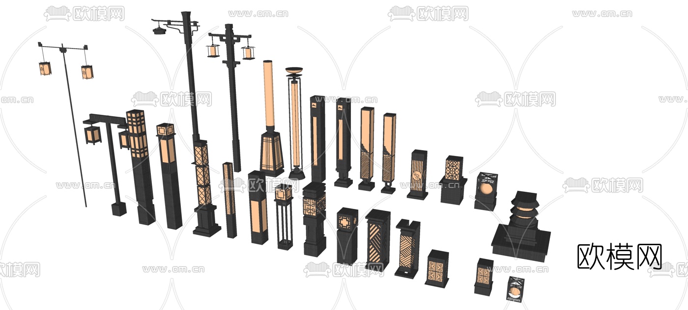 中式路灯草坪灯组合su模型下载（渲染图1）