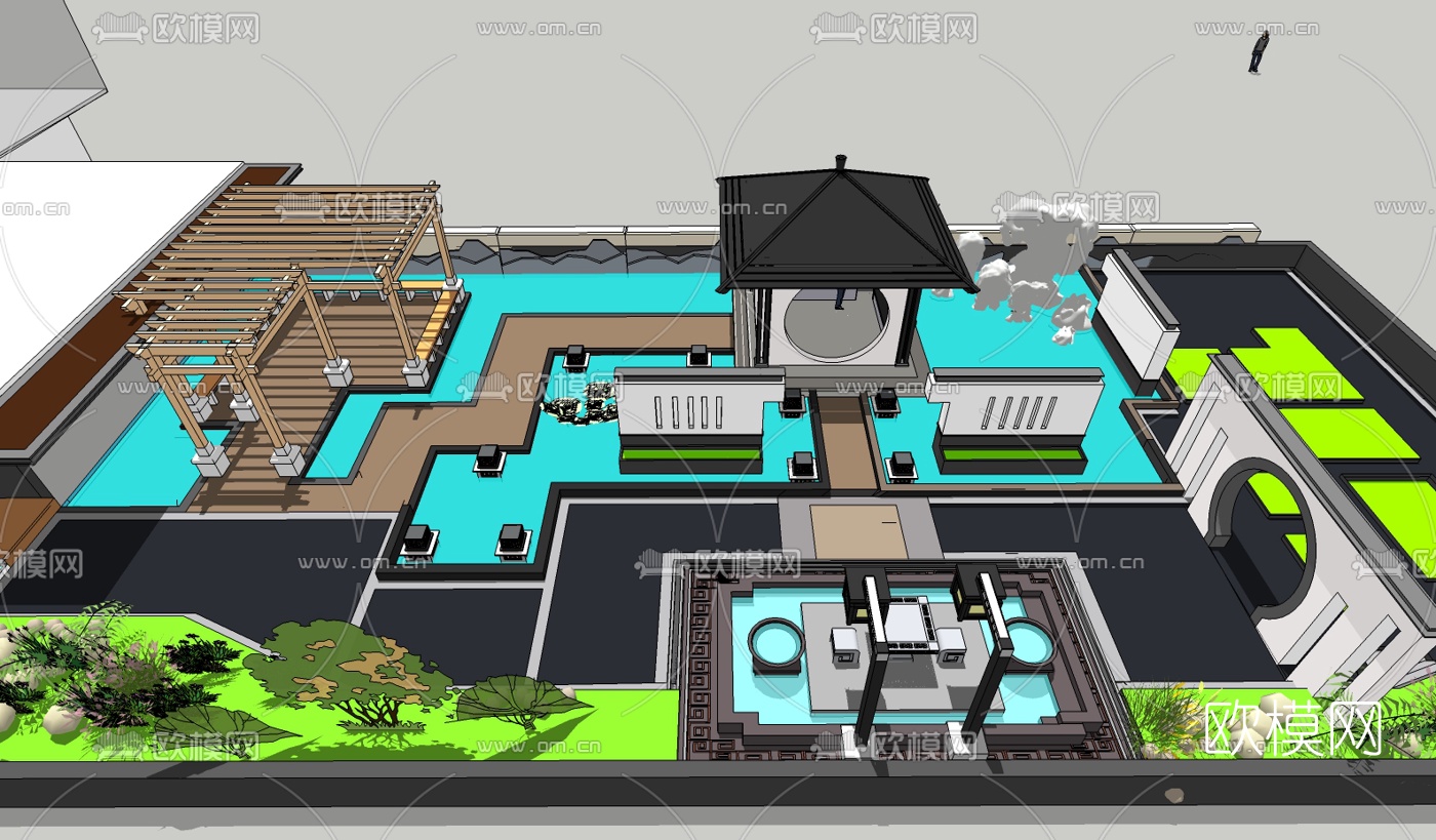 新中式园林景观免费su模型下载（渲染图5）