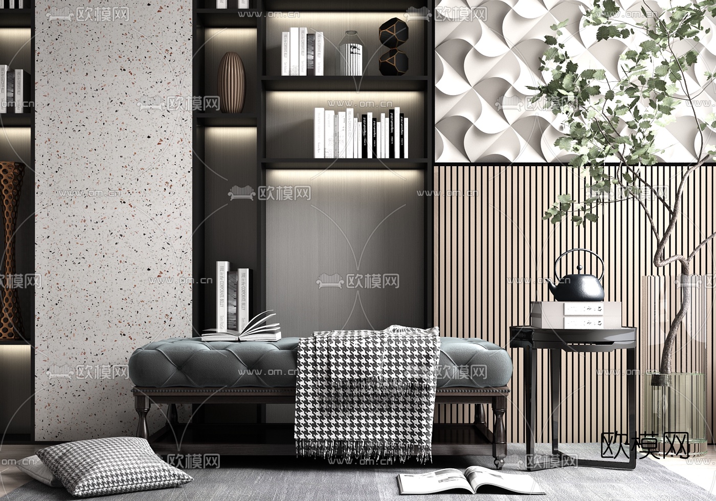 现代轻奢沙发凳su模型下载（渲染图1）