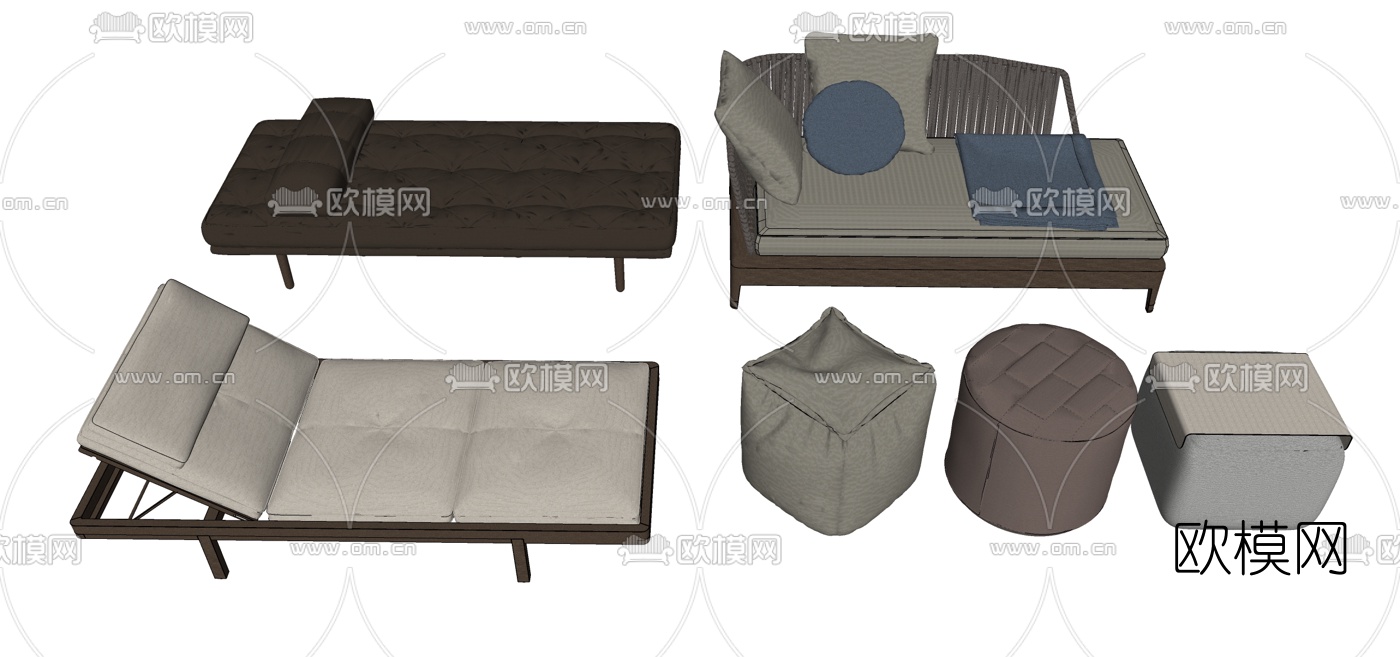 新中式贵妃椅沙发凳组合su模型下载（渲染图1）