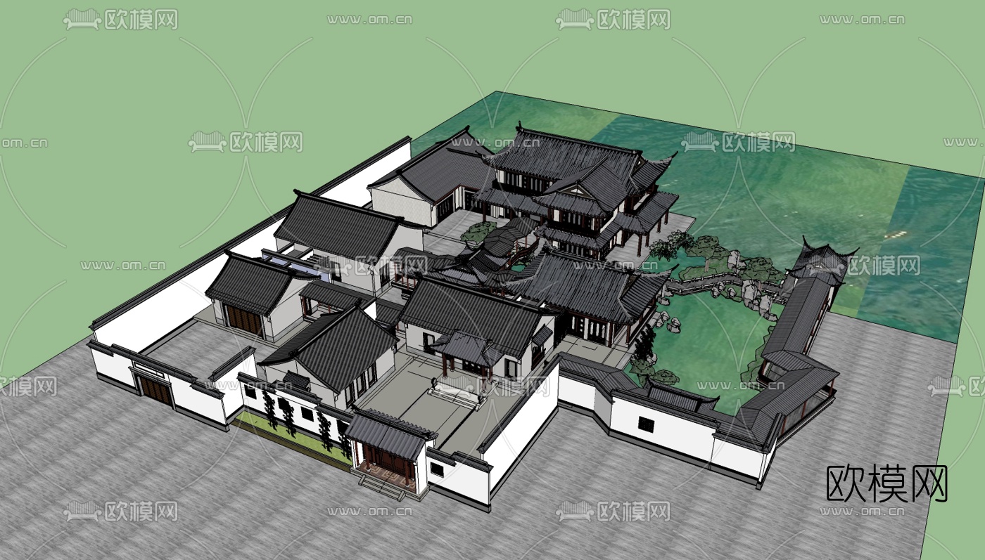 中式庭院别墅su模型下载（渲染图2）