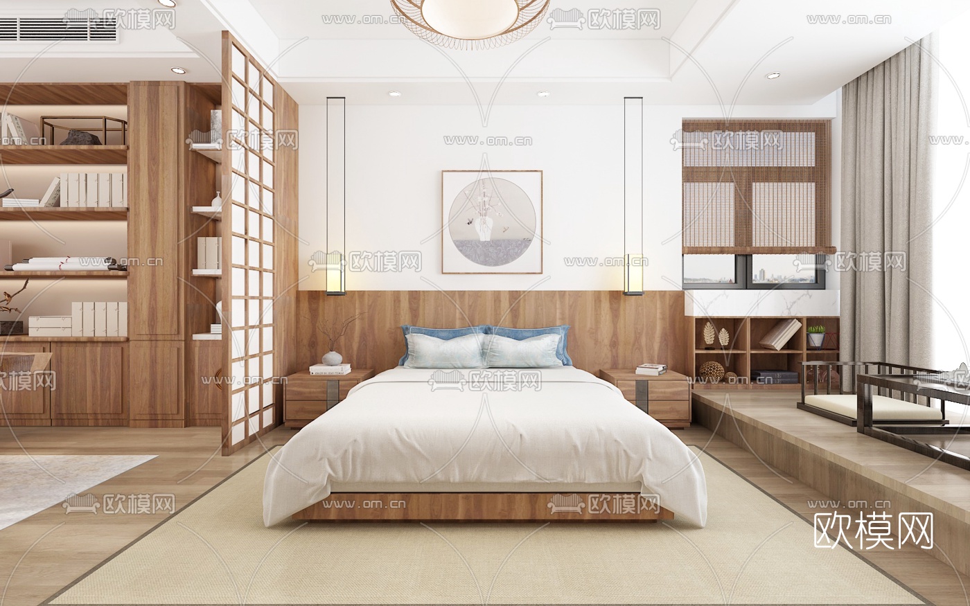 中式禅意主卧茶室3d模型下载（渲染图1）