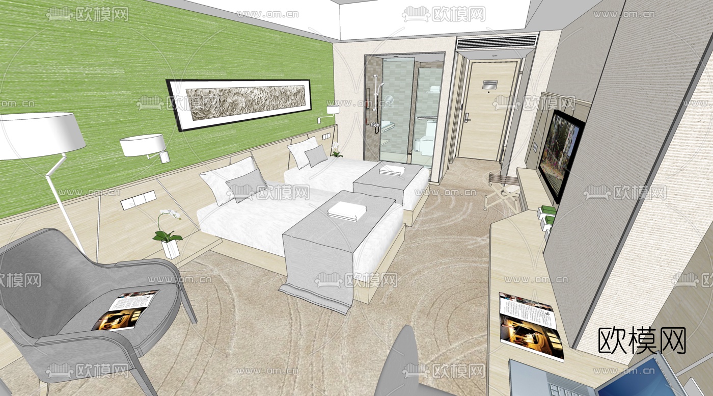 北欧酒店客房双人房su模型下载（渲染图6）