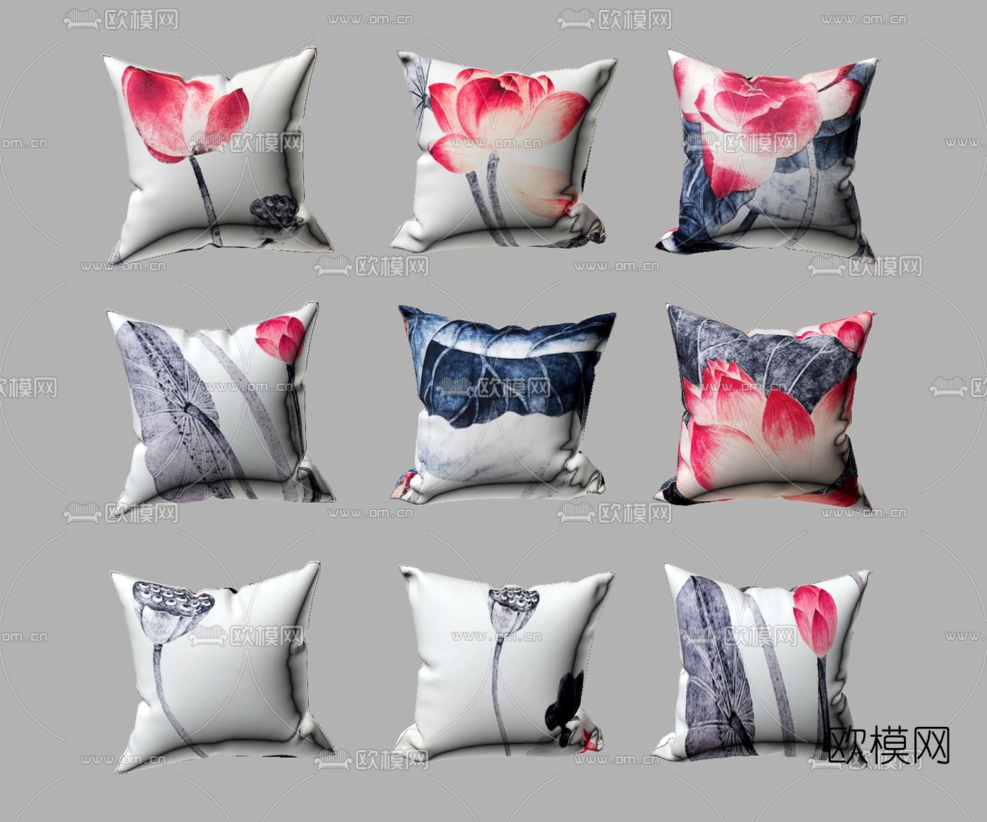 新中式荷花抱枕组合3D模型下载