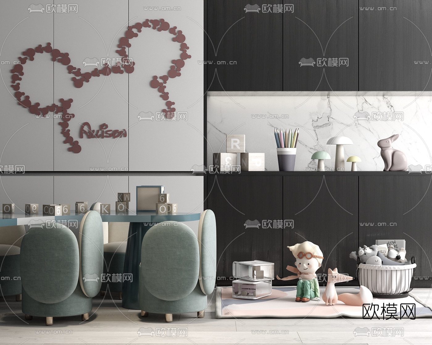 现代儿童书桌椅su模型下载（渲染图1）