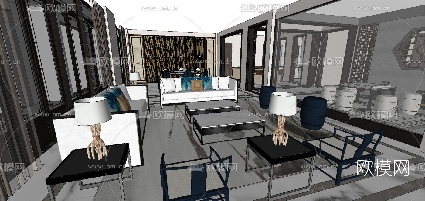 新中式别墅大堂餐厅su模型下载（渲染图2）