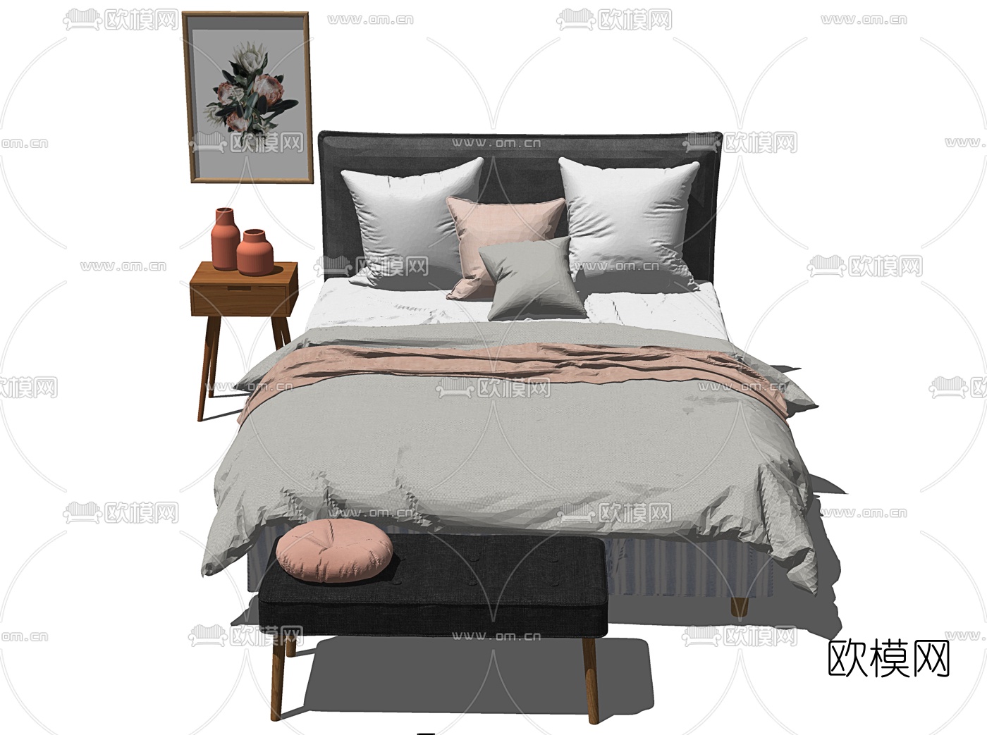 北欧双人床组合su模型下载（渲染图1）