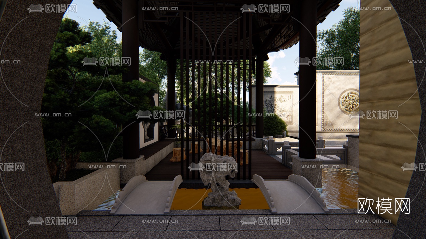 中式别墅庭院花园设计su模型下载（渲染图1）