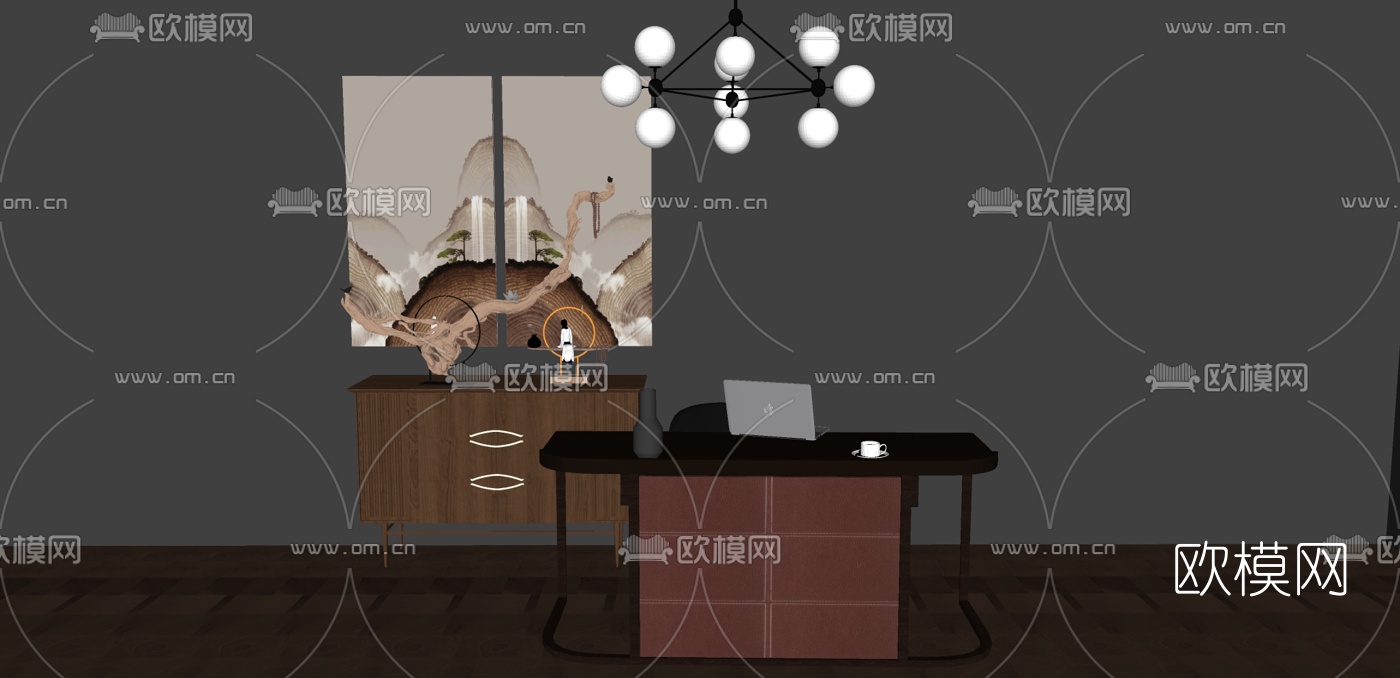 新中式书桌椅组合su模型下载（渲染图1）