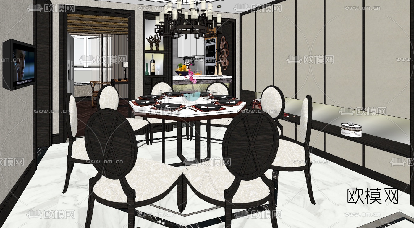 新中式客餐厅免费su模型下载（渲染图4）