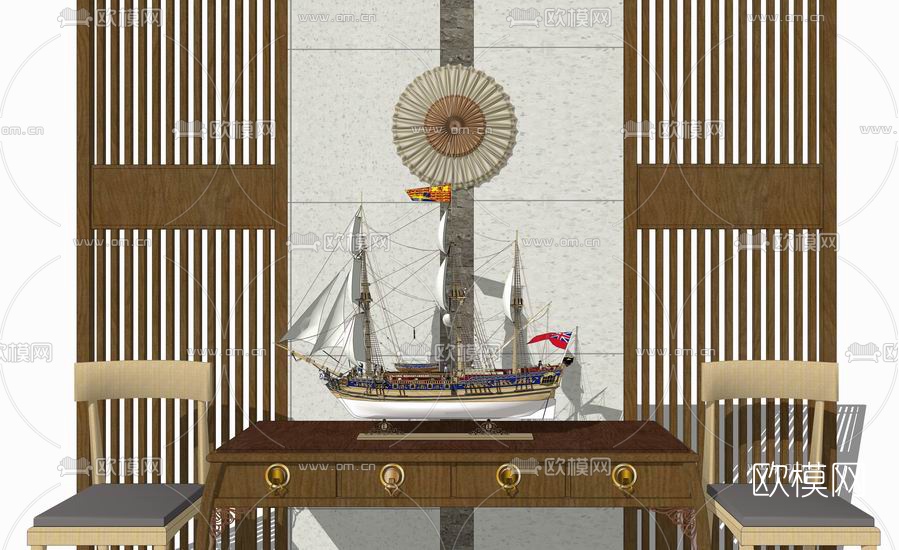 新中式端景条案su模型下载（渲染图1）