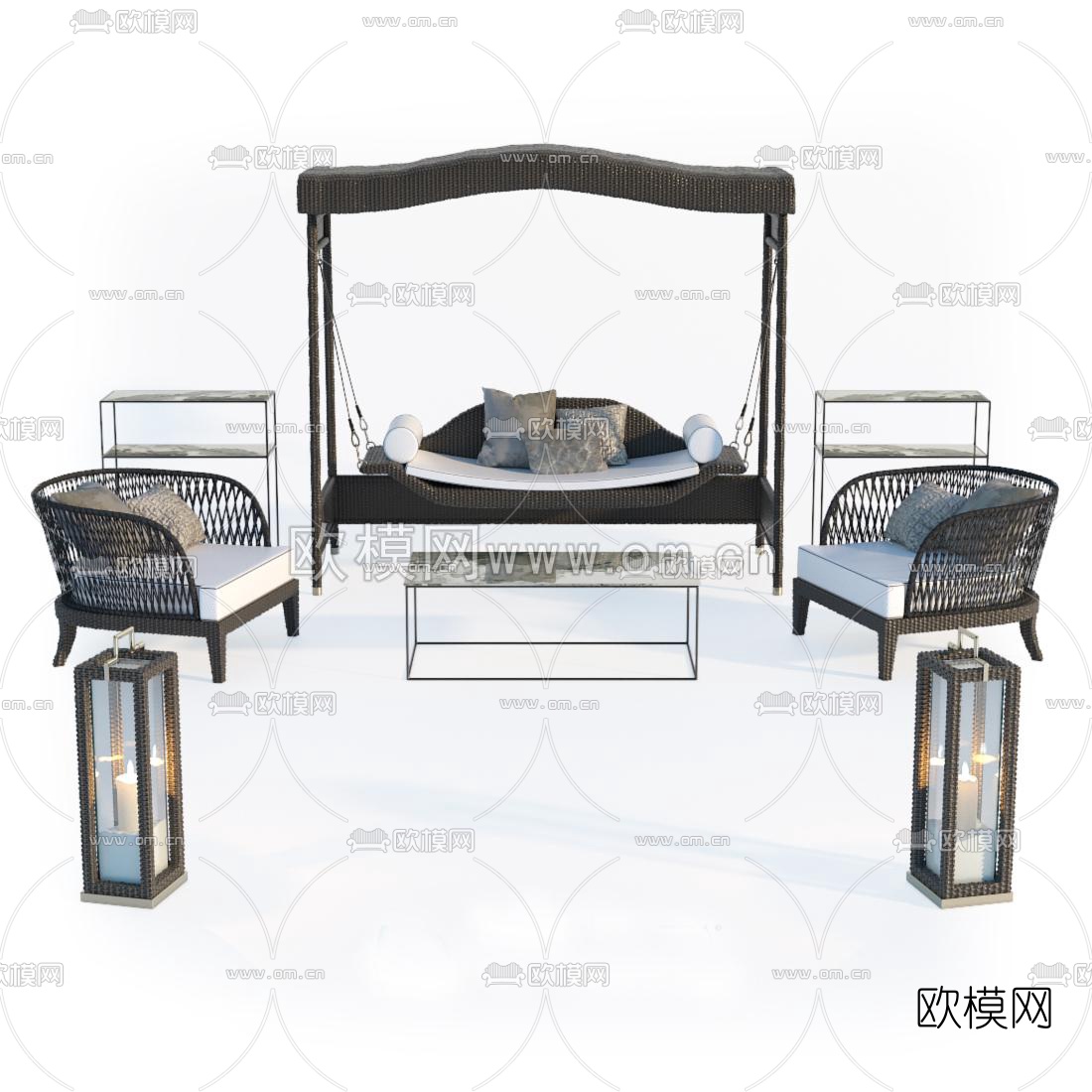 现代实木户外沙发组合3D模型
