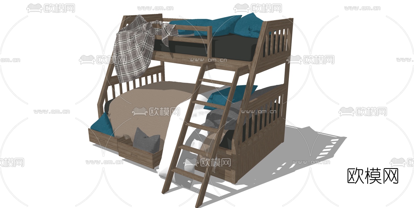 现代实木儿童双层床su模型下载（渲染图1）