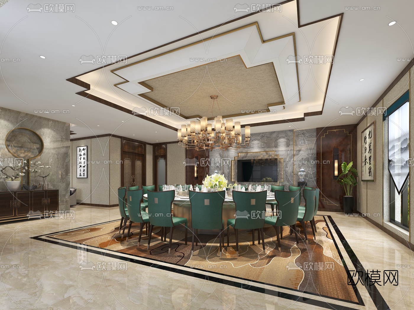 中式餐厅大包房3D模型-免费3dmax模型库-欧模网