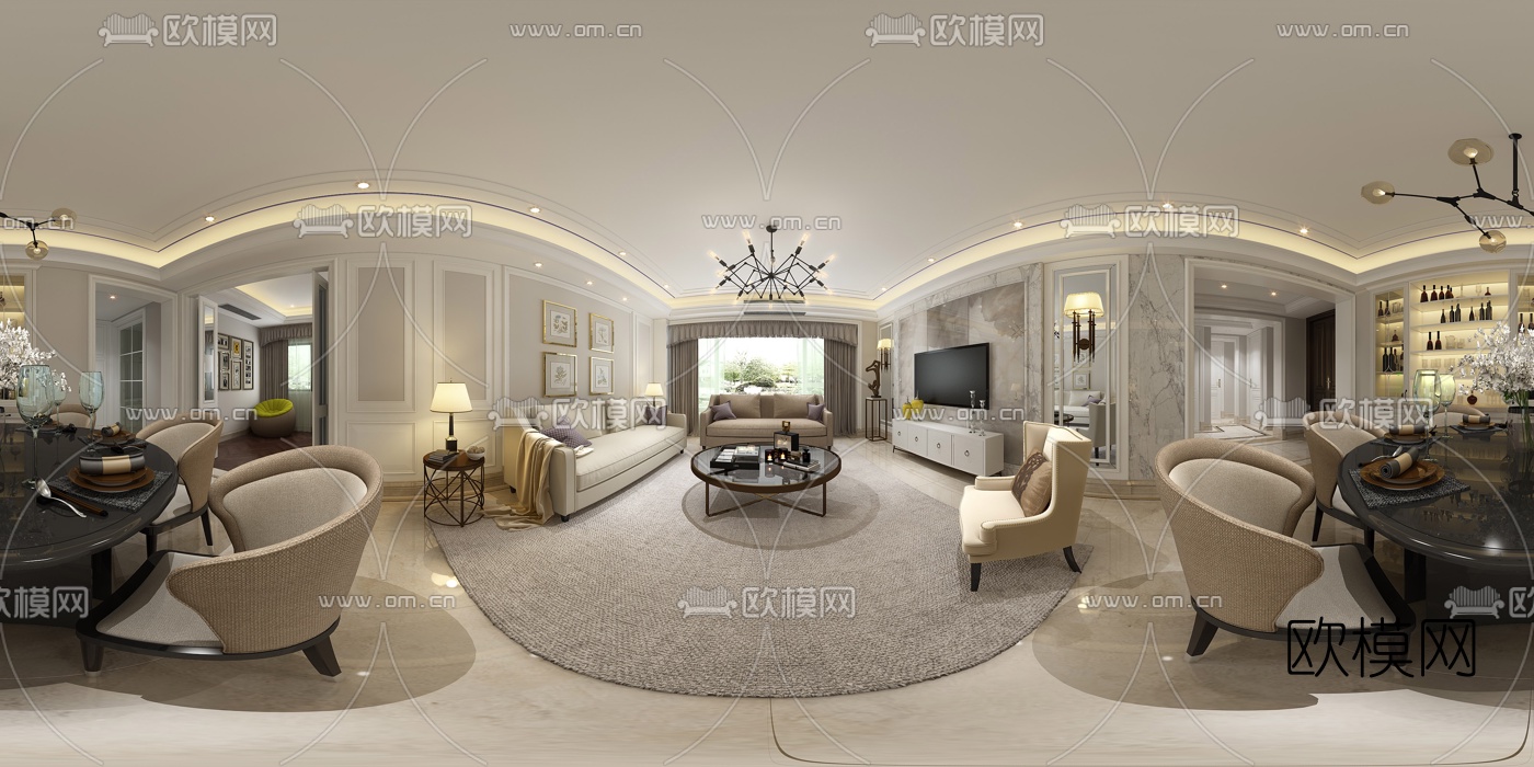 简欧客厅餐厅3D全景模型-免费3dmax模型库-欧模网